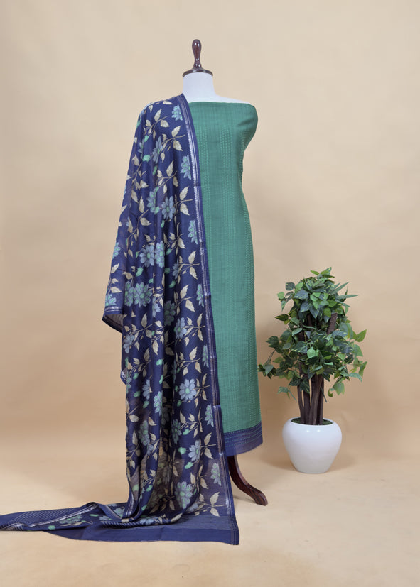 Tomato Red Mustard Munga Tussar Suit Fabric With Floral Dupatta And Kantha Stitch Hand Embroidery