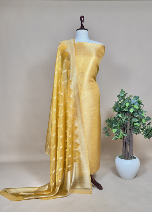 Yellow Brocade Kurta With Organza Dupatta