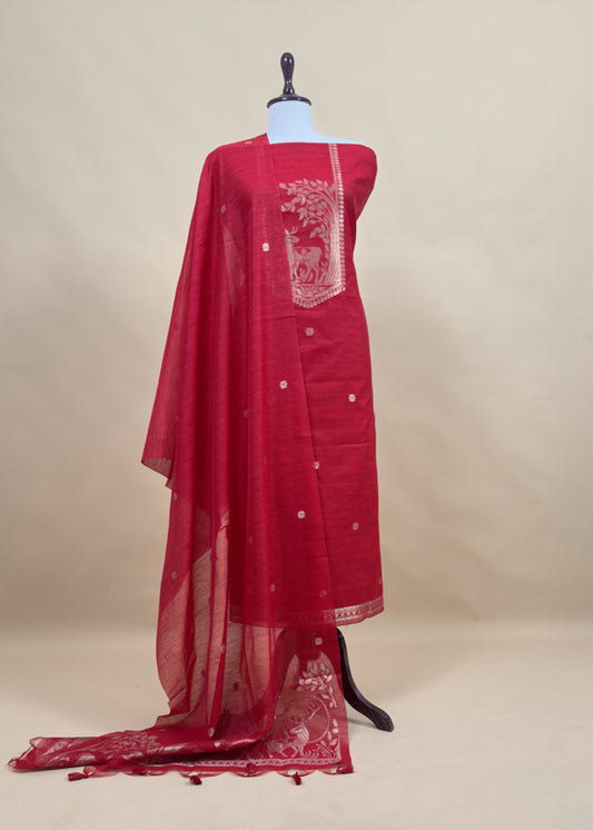 Red Chanderi Unstitched suit with Gold zari Jamdani weaving