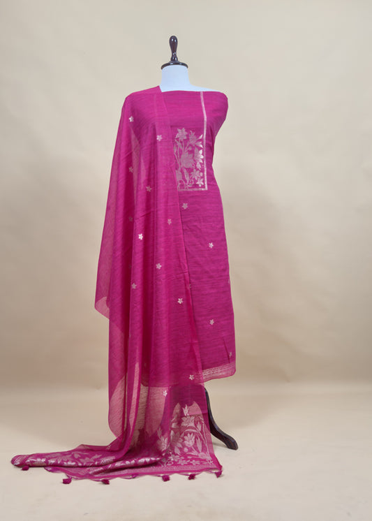 Pink Chanderi Unstitched suit with Gold zari Jamdani weaving