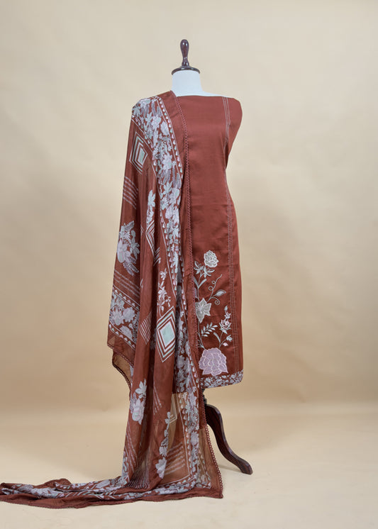 Rust Brown Pure Glace Cotton Kurta And Pure Chinon Dupatta With Applique Work