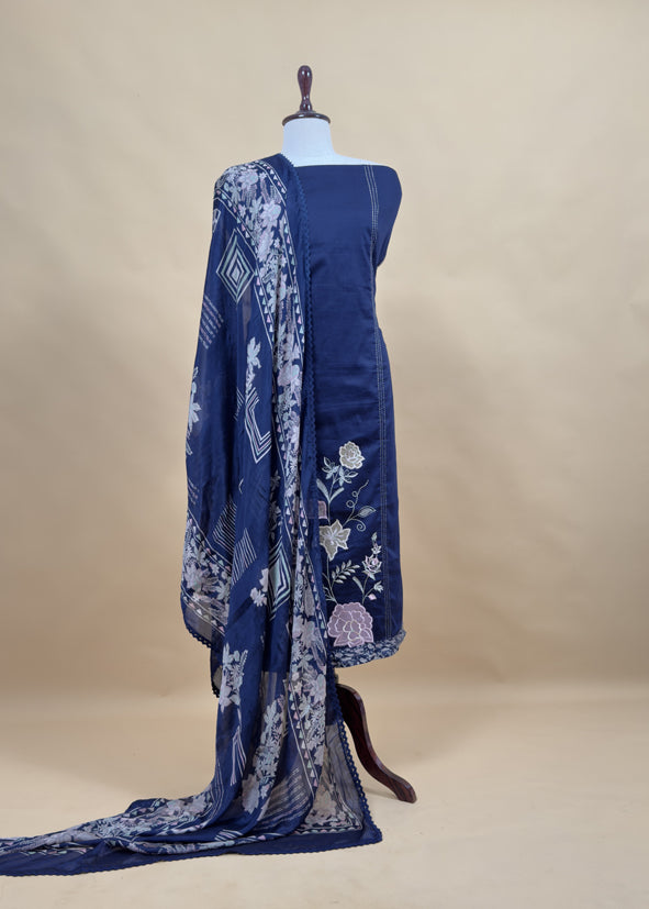 Navy Blue Pure Glace Cotton Kurta And Pure Chinon Dupatta With Applique Work