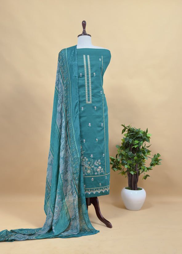 Turquoise Pure Glace Cotton Kurta and Pure Chinon Paisley Dupatta with Resham Embroidery
