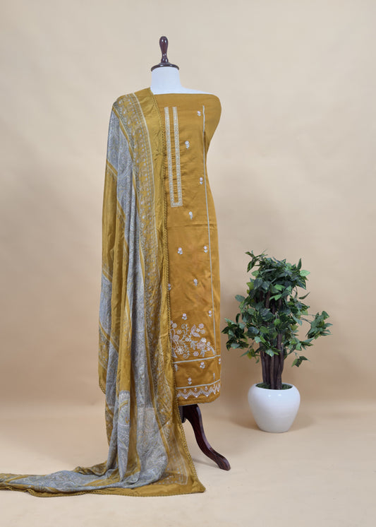 Mustard Ochre Pure Glace Cotton Kurta And Pure Chinon Paisley Dupatta With Resham Embroidery