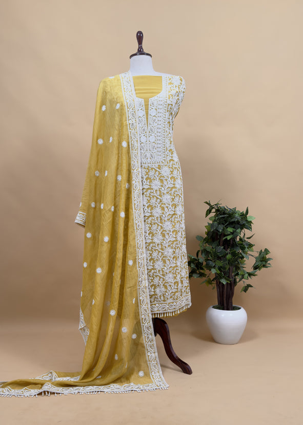 Mango Yellow Festive Mulmul Suit Fabric With Resham Embroidery And Pearls