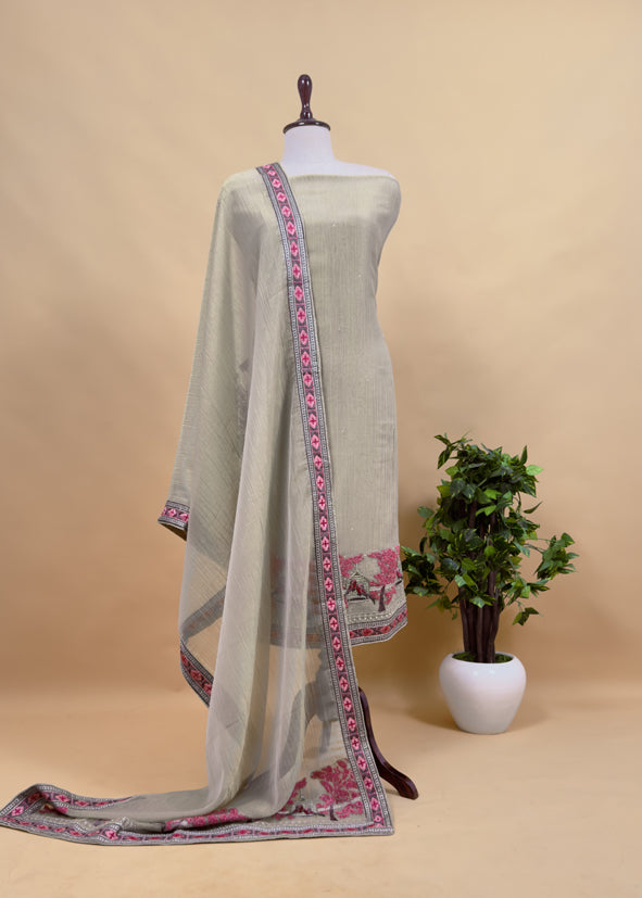 Flamingo Pink Crushed Tissue Silk Suit With Chidiya Embroidery