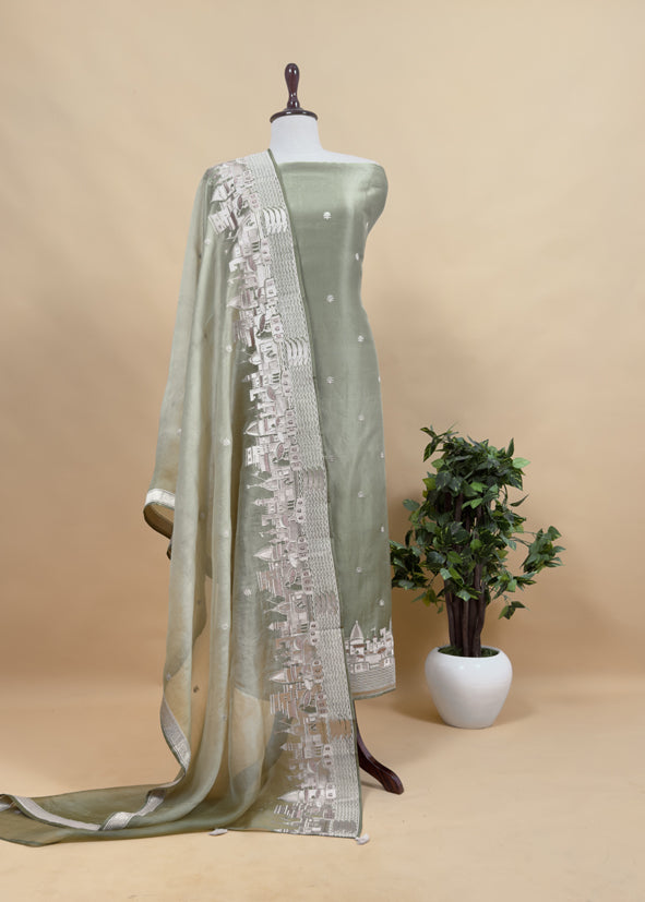 Wild Orchid Pink Kashi Ghat Embroidered Organza Silk Suit fabric