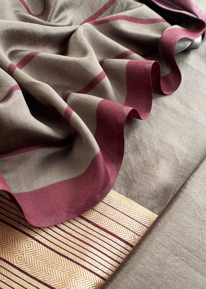 Sheer Kurma Grey Burgundy Handloom Silk Suit with Gold weaving