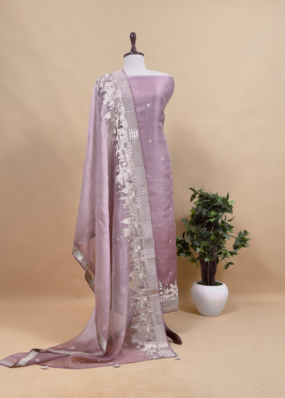 Wild Orchid Pink Kashi Ghat Embroidered Organza Silk Suit fabric
