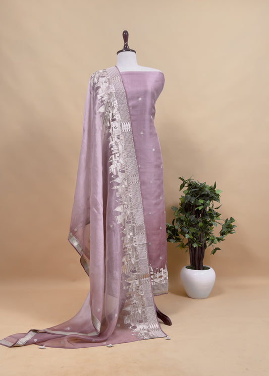 Wild Orchid Pink Kashi Ghat Embroidered Organza Silk Suit fabric