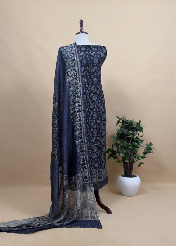 Blue Indigo Block Print Pure Maheshwari Silk Unstitched Suit Fabric