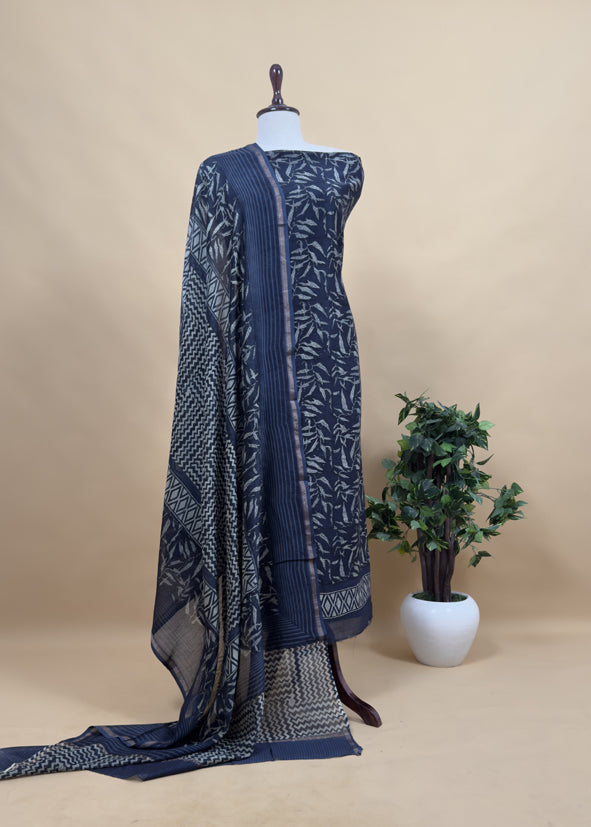 Blue Indigo Block Print Pure Maheshwari Silk Unstitched Suit Fabric