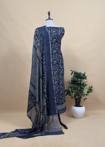 Blue Indigo Block Print Pure Maheshwari Silk Unstitched Suit Fabric