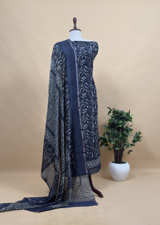 Blue Indigo Block Print Pure Maheshwari Silk Unstitched Suit Fabric