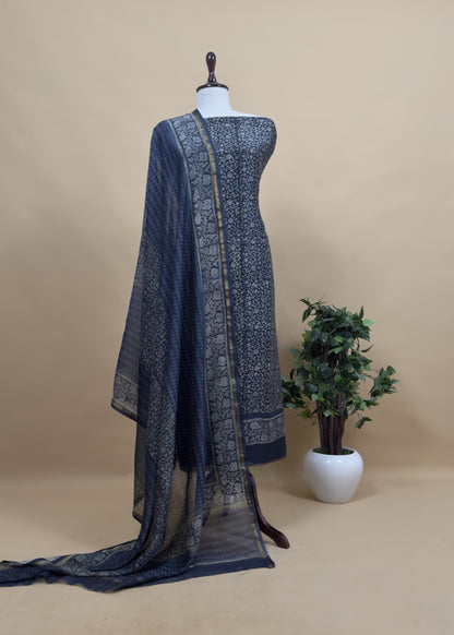 Blue Indigo Block Print Pure Maheshwari Silk Unstitched Suit Fabric