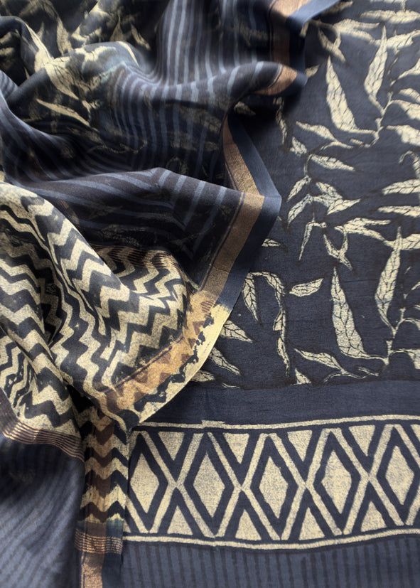 Blue Indigo Block Print Pure Maheshwari Silk Unstitched Suit Fabric