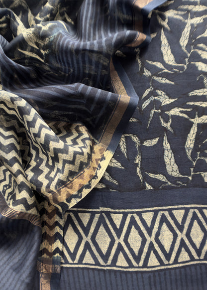 Blue Indigo Block Print Pure Maheshwari Silk Unstitched Suit Fabric