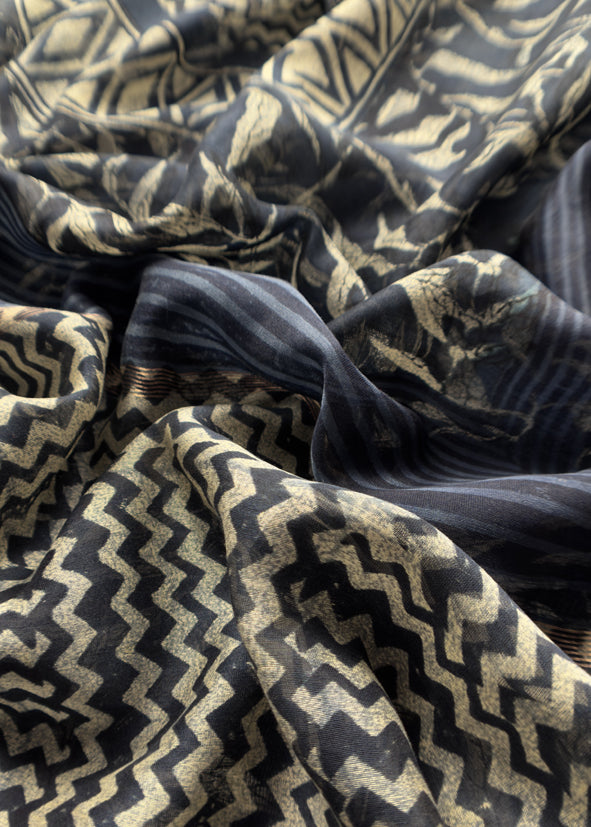 Blue Indigo Block Print Pure Maheshwari Silk Unstitched Suit Fabric