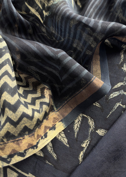 Blue Indigo Block Print Pure Maheshwari Silk Unstitched Suit Fabric