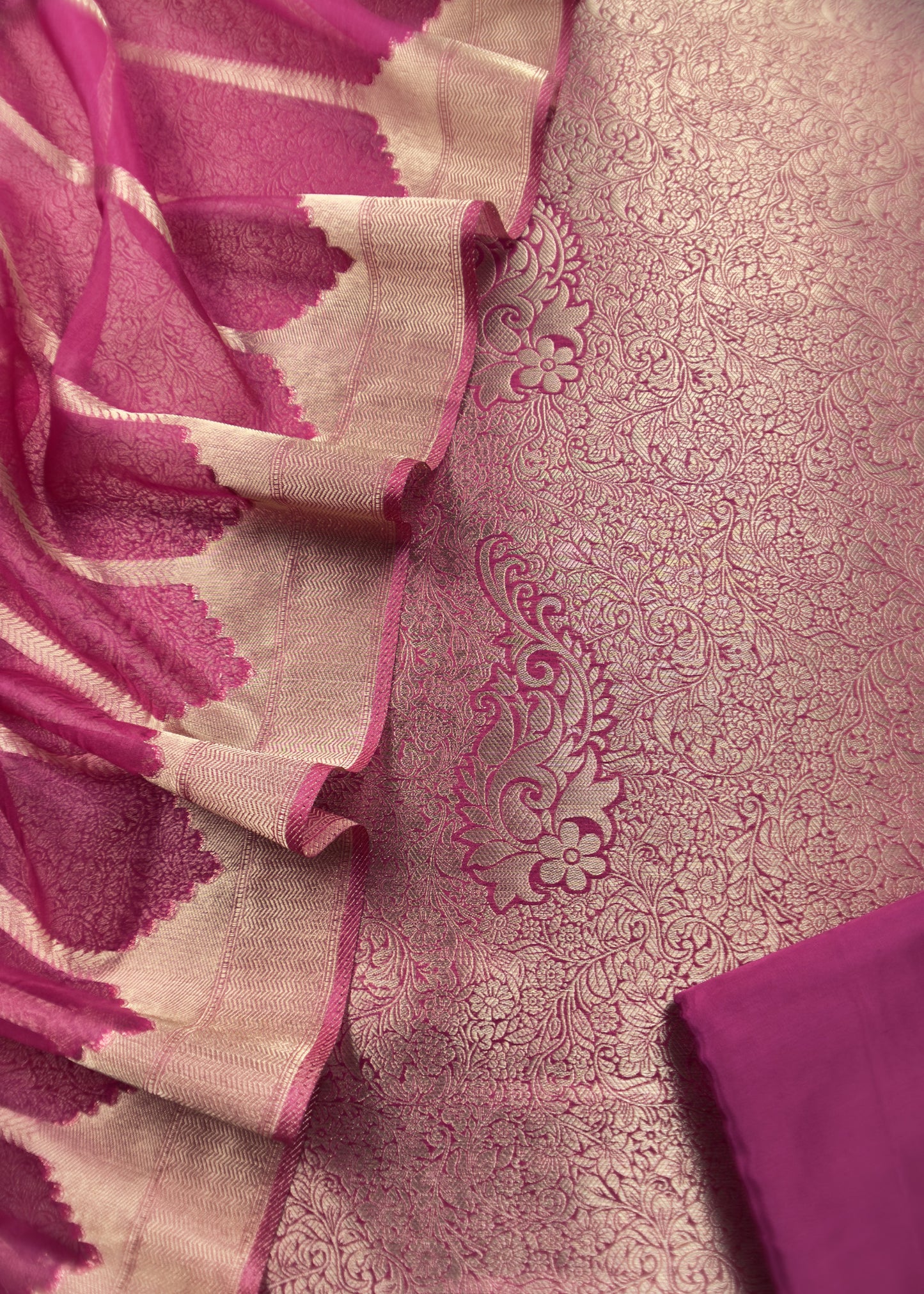 Rani Pink Brocade Kurta With Organza Dupatta