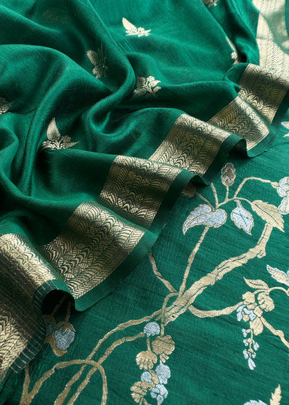 Emerald Green Handloom Raw Silk Unstitched Suit Fabric With Peonies Sonarupa Kadwa Weaving