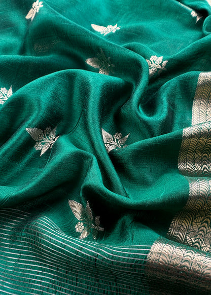 Emerald Green Handloom Raw Silk Unstitched Suit Fabric With Peonies Sonarupa Kadwa Weaving