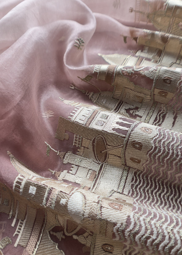 Wild Orchid Pink Kashi Ghat Embroidered Organza Silk Suit fabric