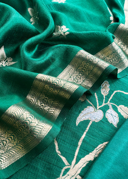 Emerald Green Handloom Raw Silk Unstitched Suit Fabric With Peonies Sonarupa Kadwa Weaving