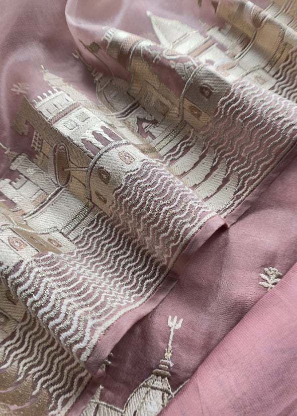 Wild Orchid Pink Kashi Ghat Embroidered Organza Silk Suit fabric
