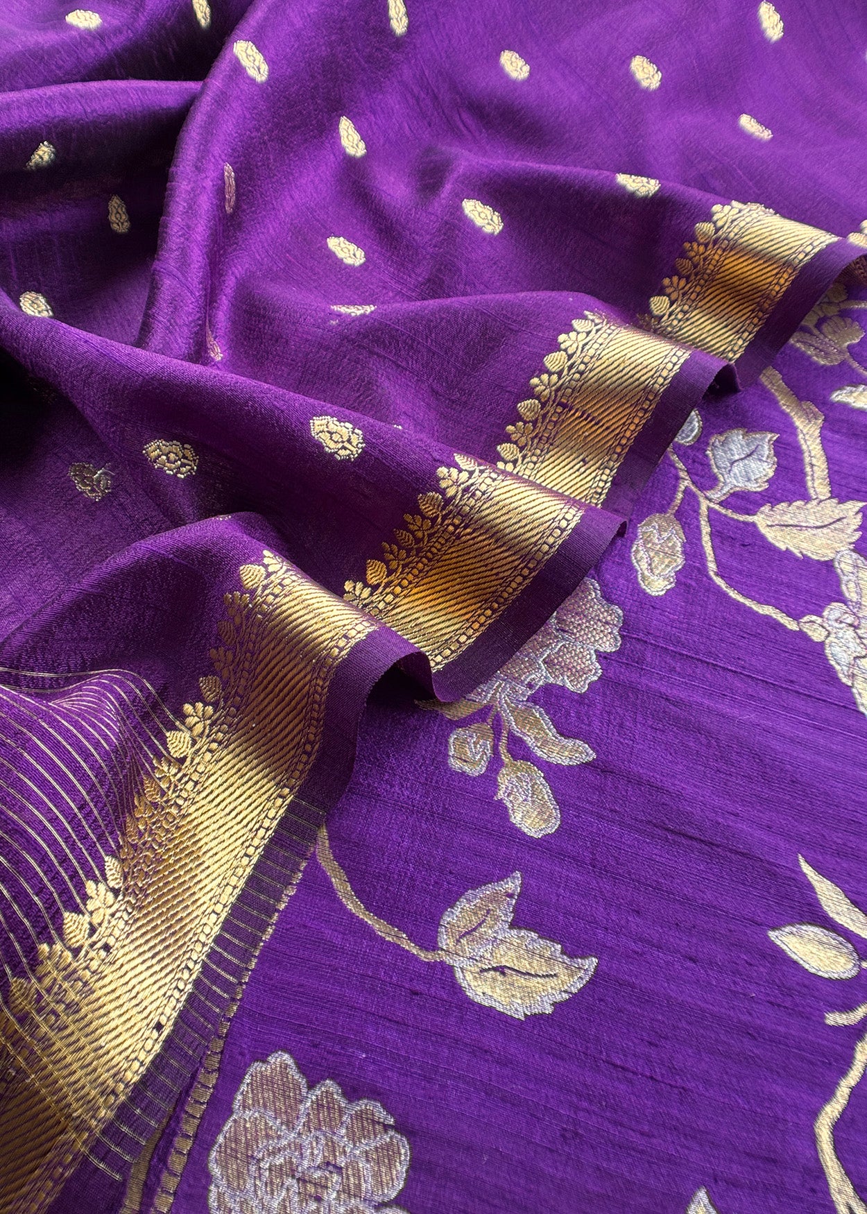 Purple Handloom Raw Silk Unstitched Suit Fabric With Peonies Sonarupa Kadwa Weaving