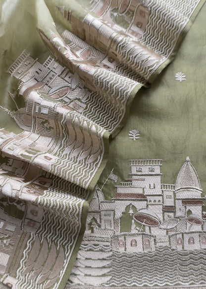 Basil Green Kashi Ghat Embroidered Organza Silk Suit Fabric