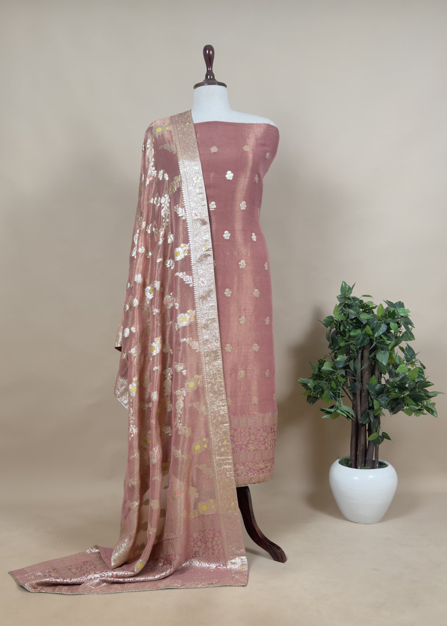 Tissue Silk Unstitched dupatta suit with Meenakari and zari weaving