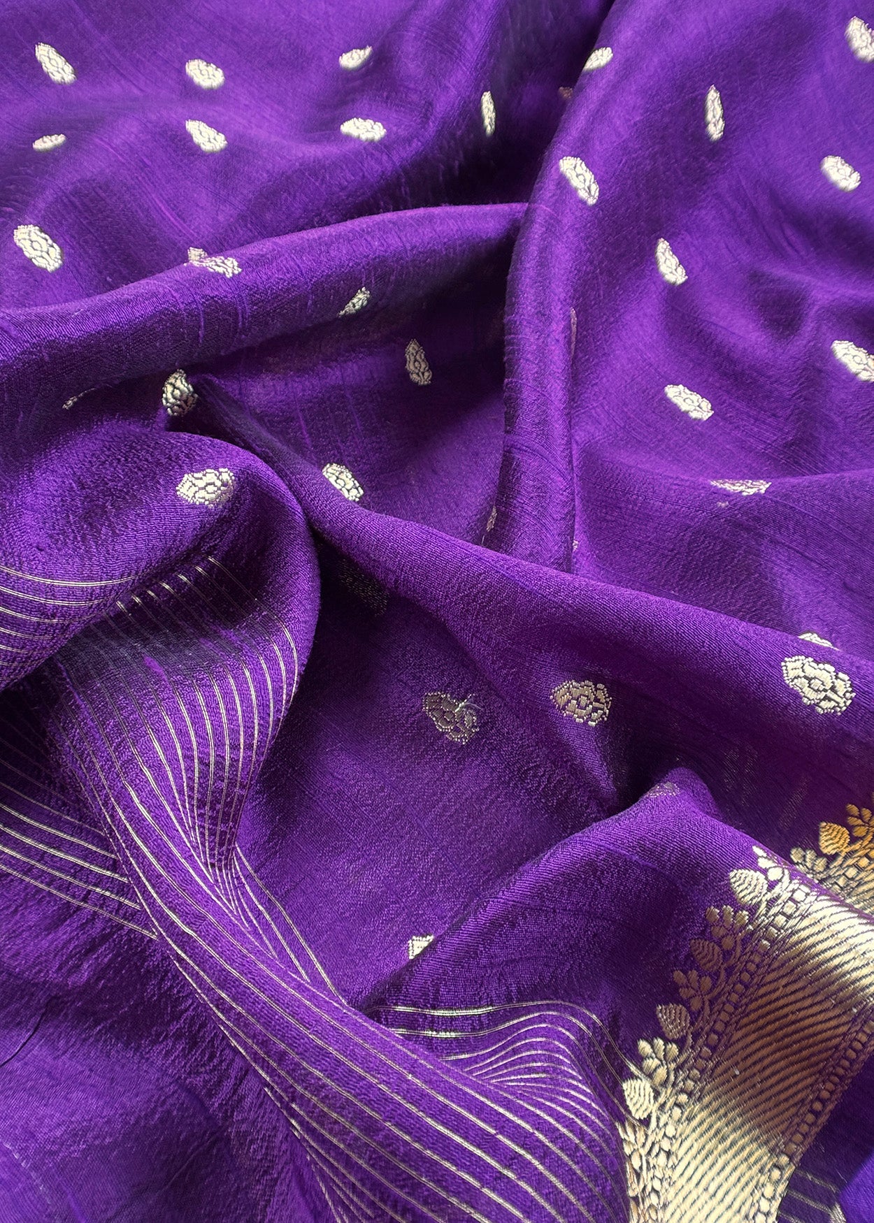 Purple Handloom Raw Silk Unstitched Suit Fabric With Peonies Sonarupa Kadwa Weaving