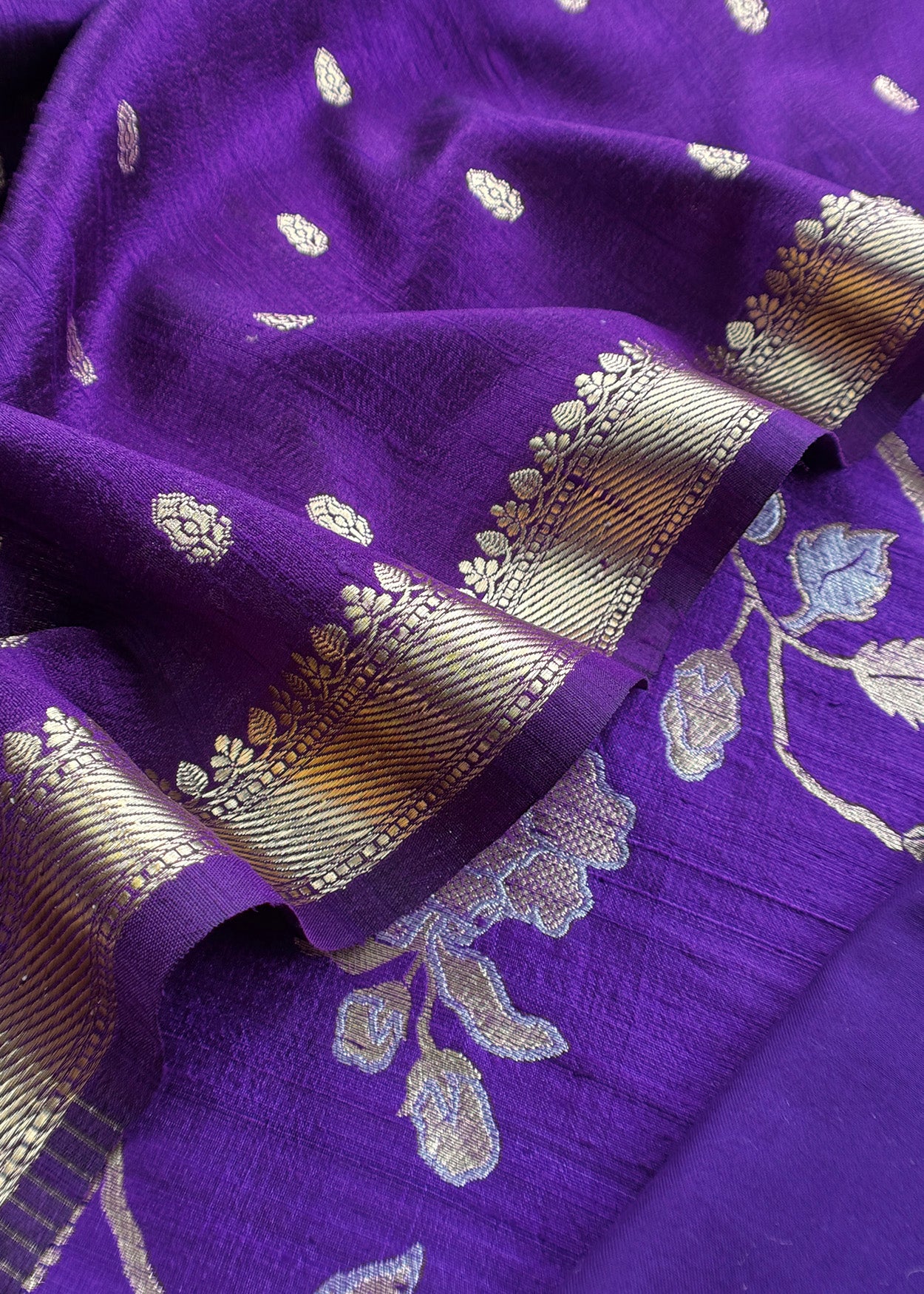 Purple Handloom Raw Silk Unstitched Suit Fabric With Peonies Sonarupa Kadwa Weaving