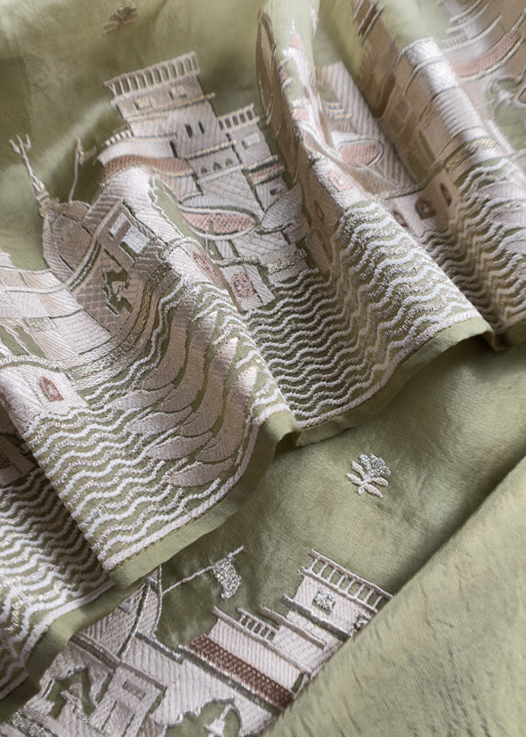 Basil Green Kashi Ghat Embroidered Organza Silk Suit Fabric