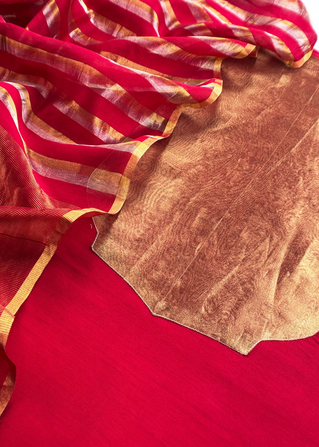Red Handloom Silk Unstitched Kurta And Sonarupa Zari Panel Dupatta With Tissue Appliqué Work