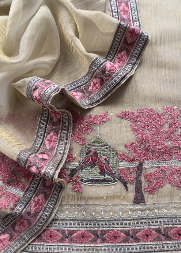 Brown Gold Crushed Tissue Silk Suit With Chidiya Embroidery