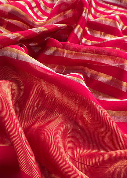 Red Handloom Silk Unstitched Kurta And Sonarupa Zari Panel Dupatta With Tissue Appliqué Work