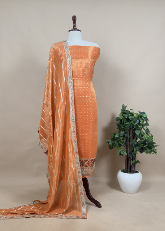 Mettalic Orange Embroidered Tissue Silk Suit