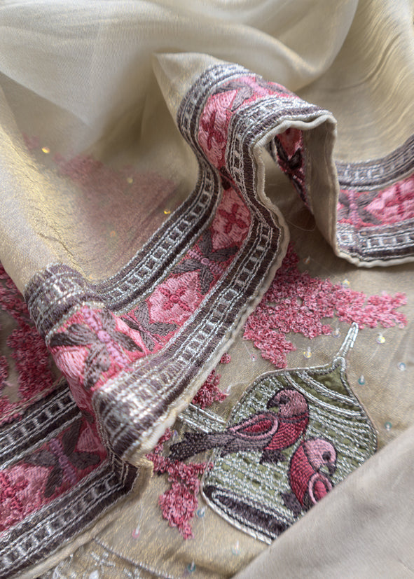 Brown Gold Crushed Tissue Silk Suit With Chidiya Embroidery
