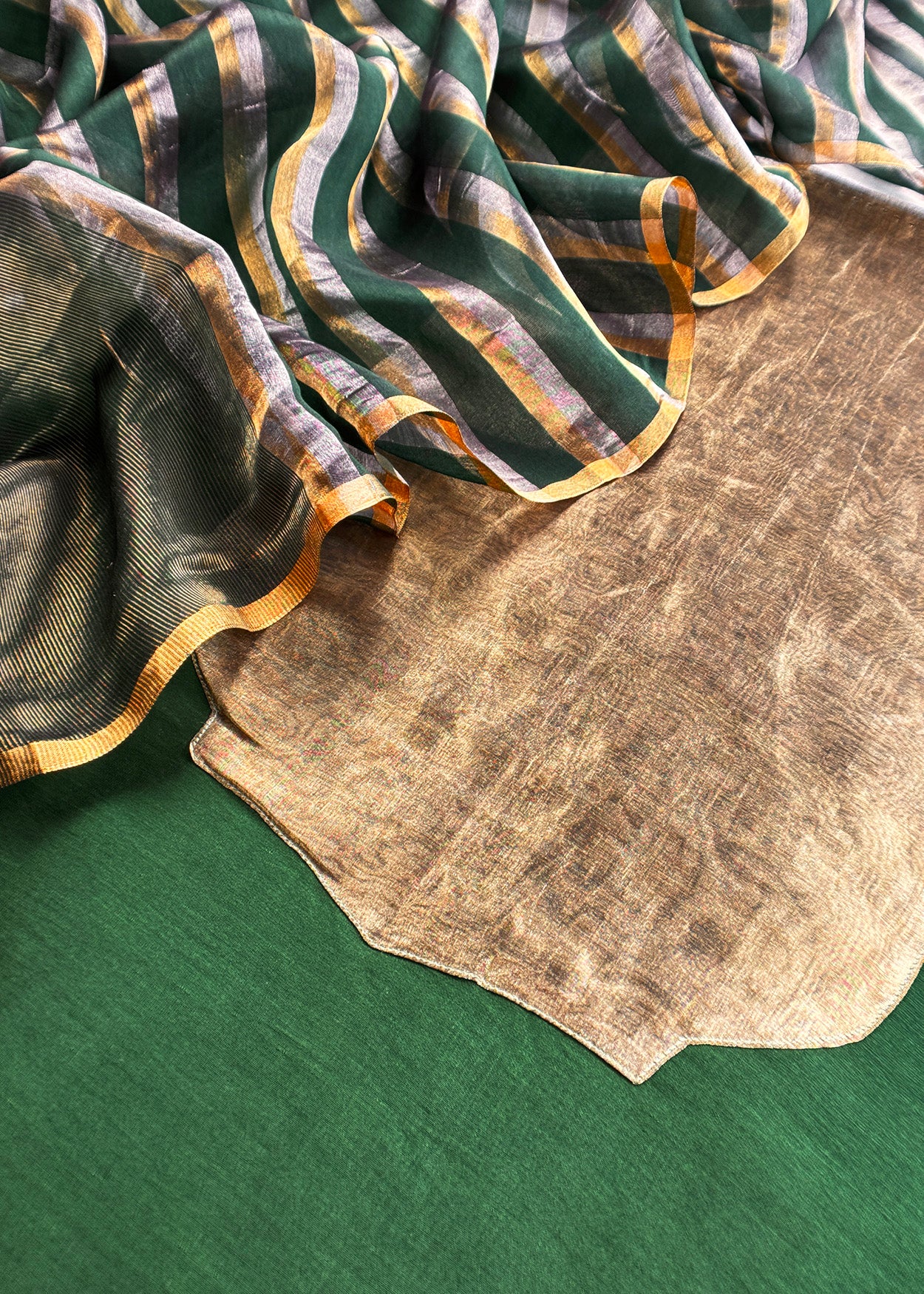 Bottle Green Handloom Silk Unstitched Kurta And Sonarupa Zari Panel Dupatta With Tissue Appliqué Work