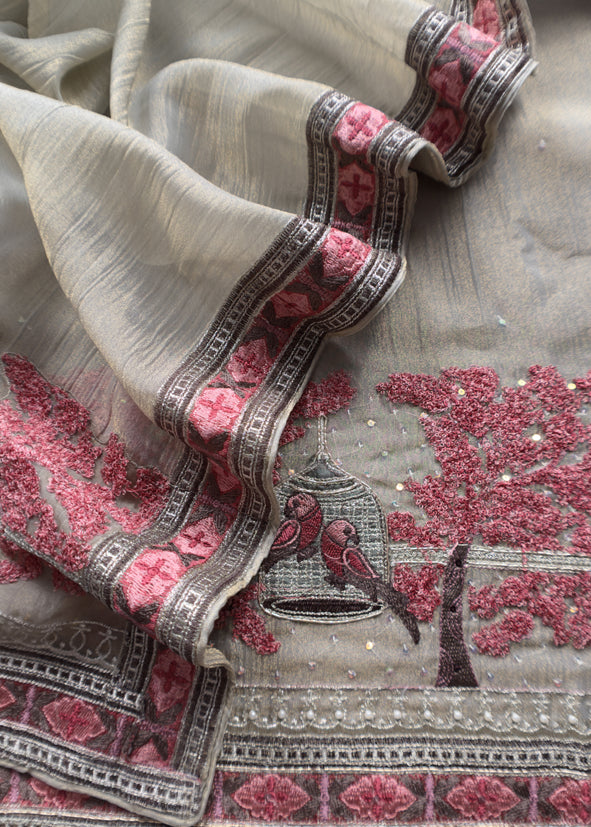 Ivory Crushed Tissue Silk Suit With Chidiya Embroidery