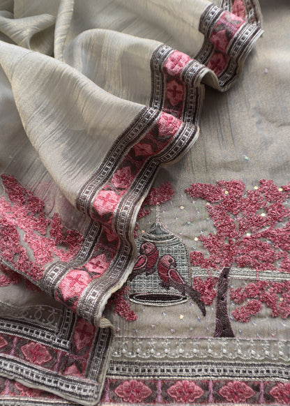 Ivory Crushed Tissue Silk Suit With Chidiya Embroidery