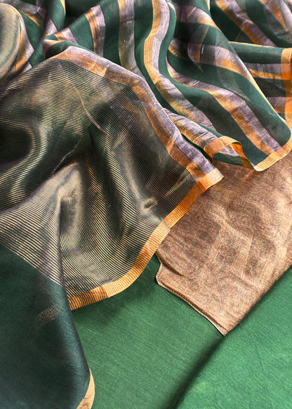 Bottle Green Handloom Silk Unstitched Kurta And Sonarupa Zari Panel Dupatta With Tissue Appliqué Work