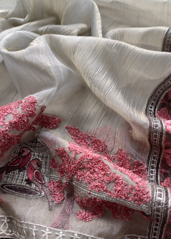 Ivory Crushed Tissue Silk Suit With Chidiya Embroidery