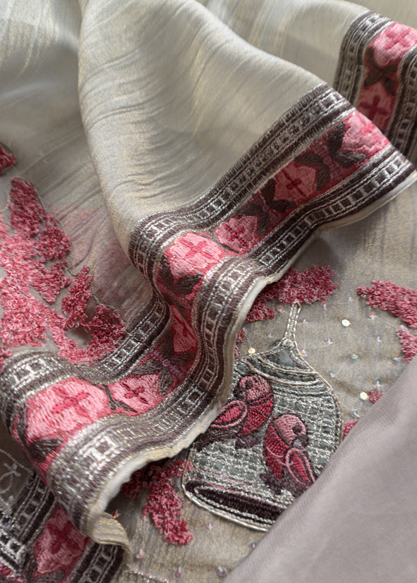 Ivory Crushed Tissue Silk Suit With Chidiya Embroidery
