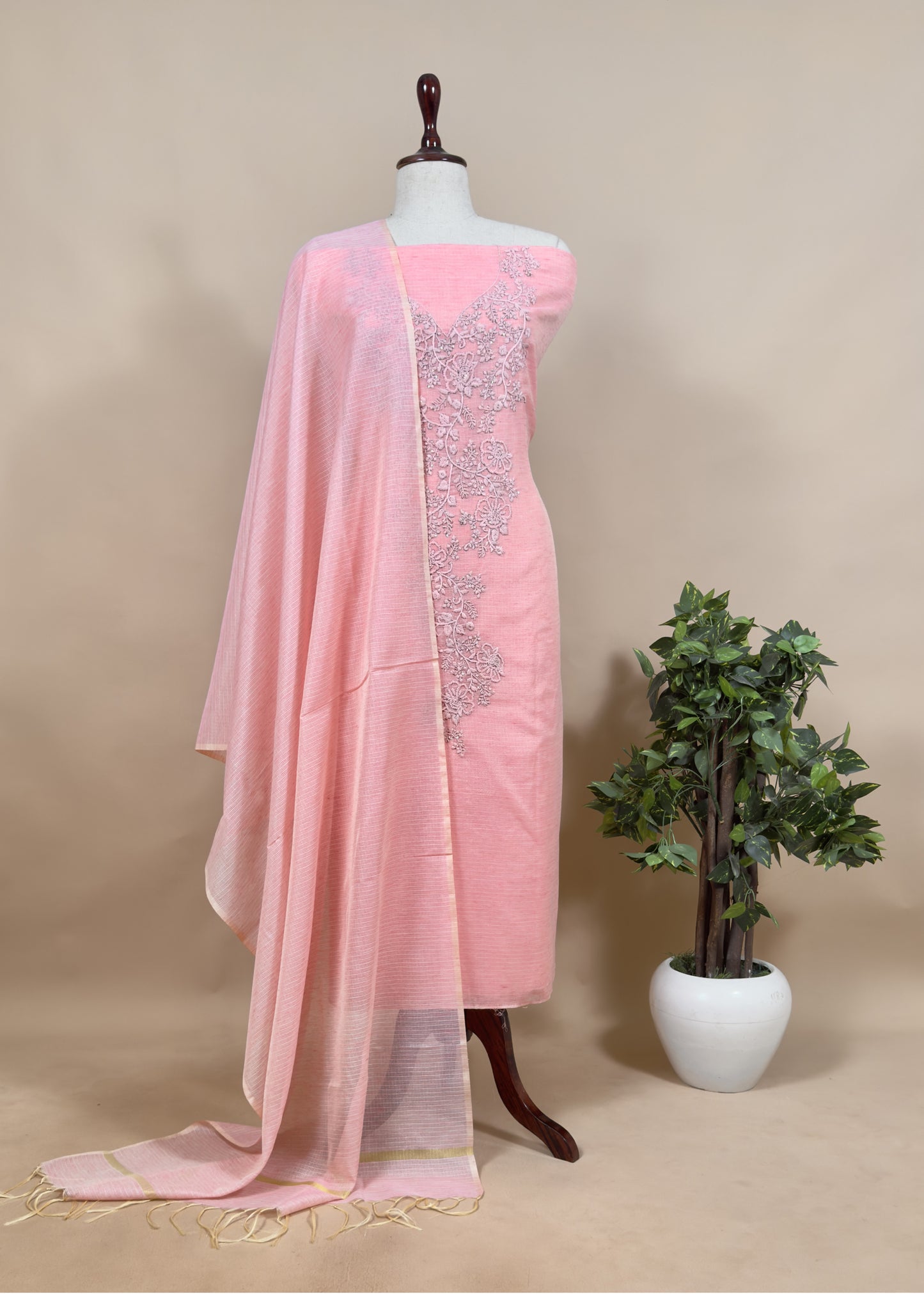 Peach Pink French Knot Hand Embroidered Kota Doria Summer Suit Set