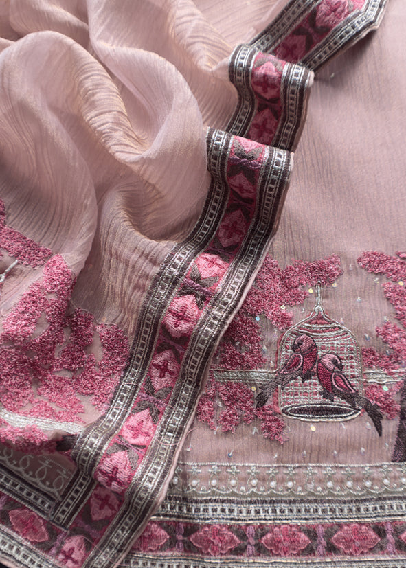 Flamingo Pink Crushed Tissue Silk Suit With Chidiya Embroidery
