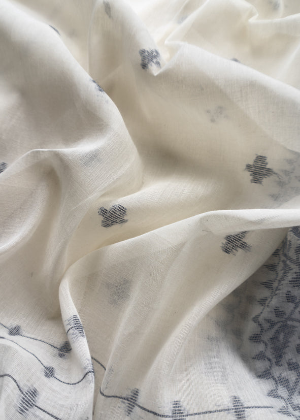Off White With Blue Cotton Linen Suit With Jamdani Weaving