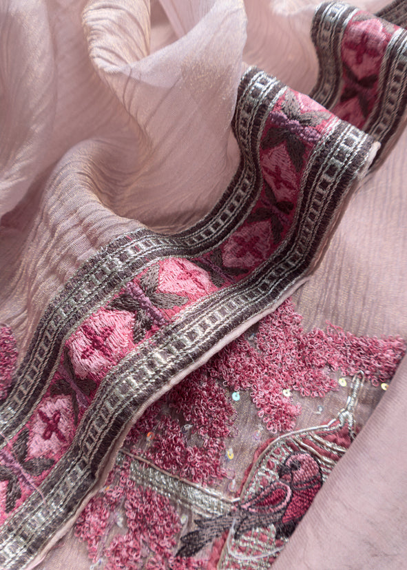 Flamingo Pink Crushed Tissue Silk Suit With Chidiya Embroidery